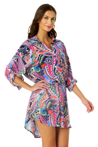Women's Paisley Parade Button Down Shirt Swimsuit Cover Up