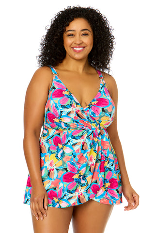 Women's Plus Size Amalfi Floral Swim Dress With Skirted Bottom