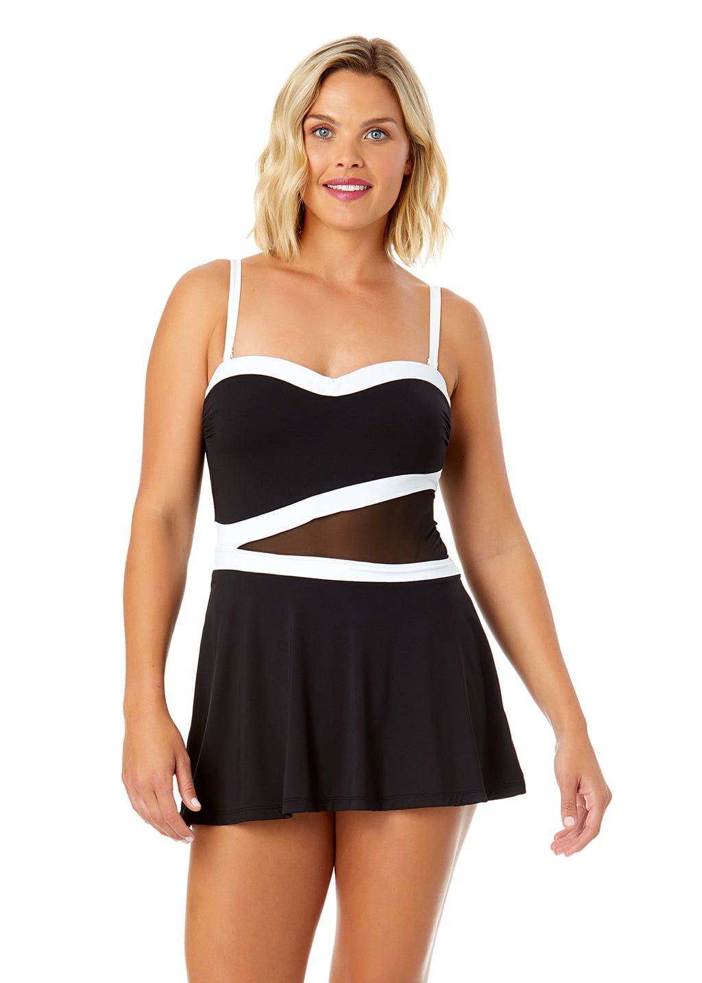 swim dress with mesh overlay Anne Cole Women's Mesh Around Paneled Strapless Mesh Swim Dress in Black Size 8