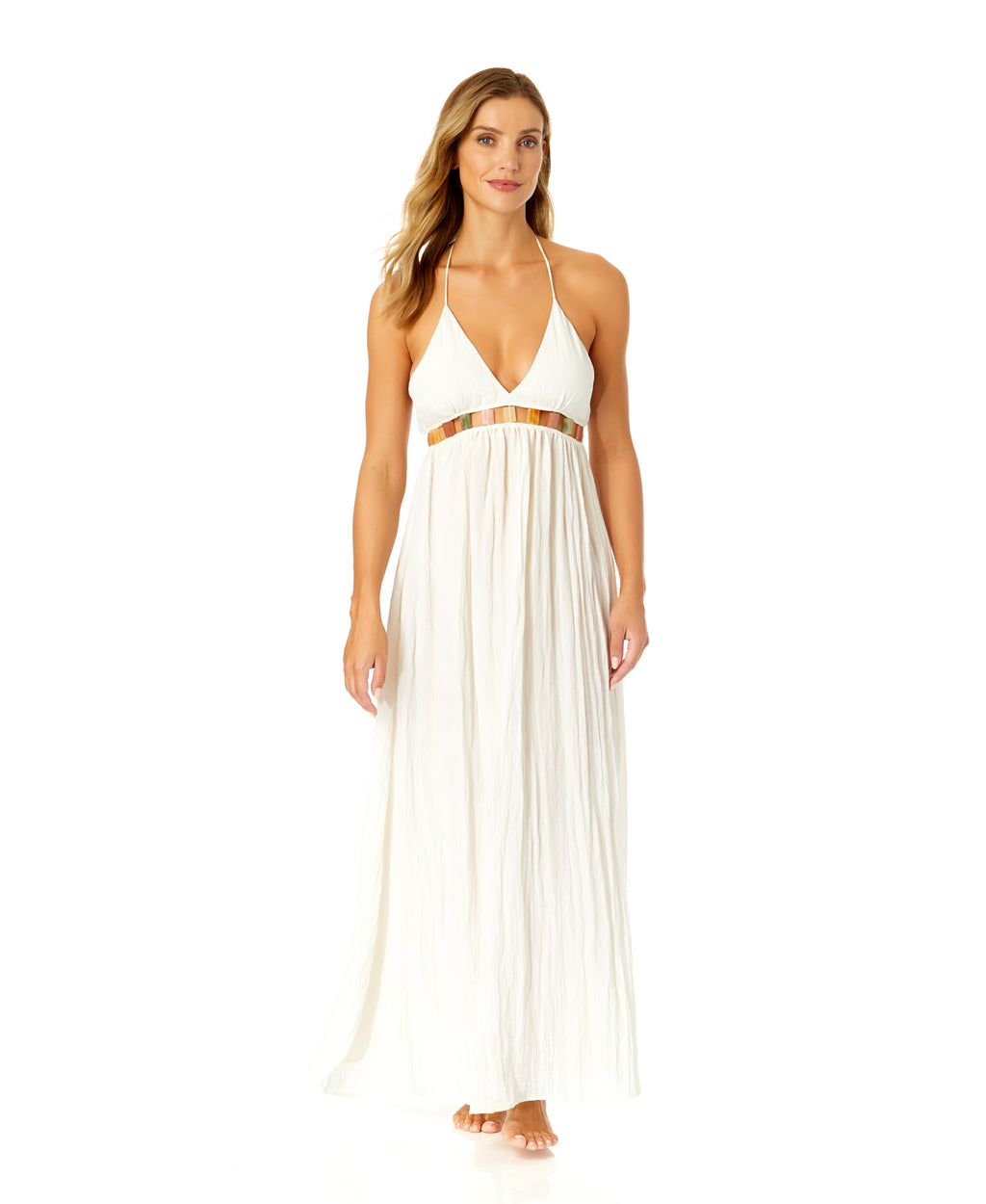 Women's V Neck Jewel Maxi Dress with Spaghetti Straps Cover Up - Anne Cole Gardenia / XL