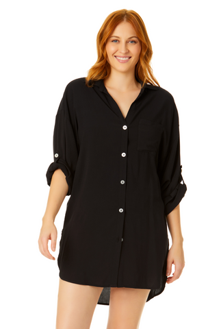 Swimsuits for All Women s Plus Size Shea High Low Button Front Cover Up Shirt 18 20 Black