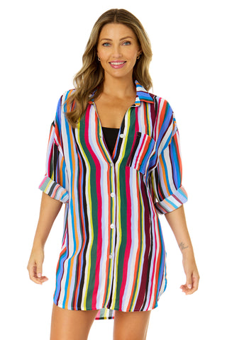 Women's Easy Breezy Stripe Button Down Shirt Swimsuit Cover Up
