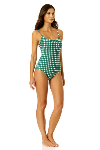 Women's Green Gingham Classic Lingerie Maillot One Piece Swimsuit