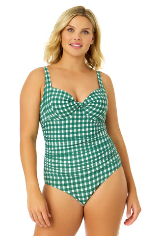 Green Gingham Retro Twist Front Shirred One Piece Swimsuit – Anne Cole