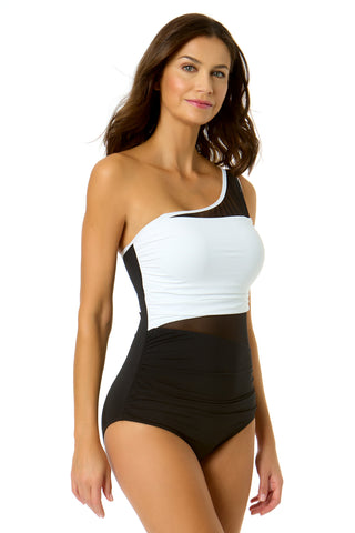 Women's Mesh Around Mesh Asymmetric Shirred One-Shoulder One Piece Swimsuit