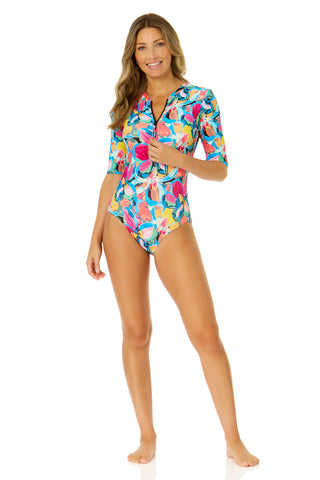 Women's Amalfi Floral Half Zip Front Rash Guard One Piece Swimsuit