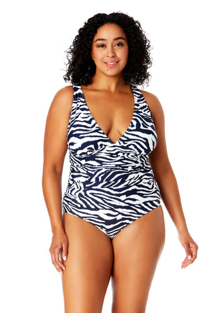 Women's Plus Size Zebra Shadow Soft Band Shirred One Piece Swimsuit