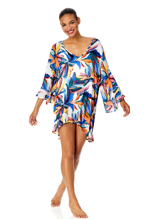 Women's Riviera Floral Flounce V Neck Tunic Swimsuit Cover Up