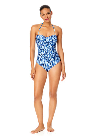 Women's Tie Dye Ikat Twist Front Shirred One Piece Swimsuit