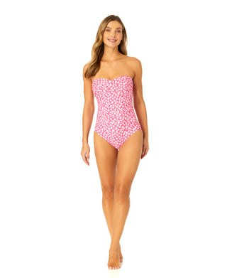 Women's Shibori Geo Twist Front Shirred One Piece Swimsuit