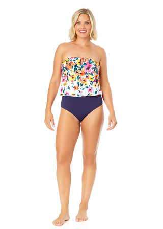 Women's Gradient Floral Strapless Blouson Keyhole One Piece Swimsuit