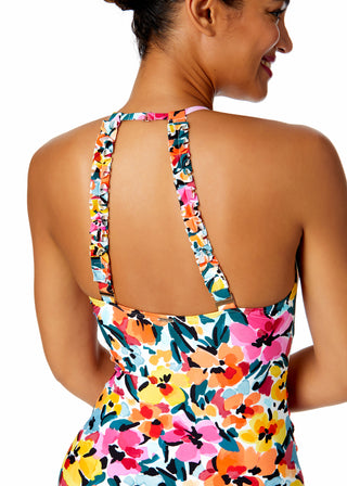 Women's Gradient Floral High Neck With Ruffled Straps One Piece Swimsuit