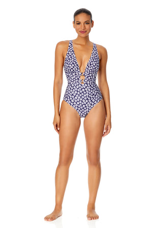 Women's Shibori Geo Double Ring Plunge Front One Piece Swimsuit