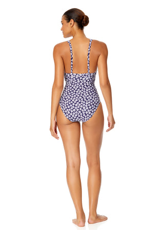 Women's Shibori Geo Double Ring Plunge Front One Piece Swimsuit