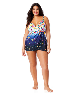 Women's Plus Size Gradient Floral Swim Dress With Skirted Bottom - Anne Cole Plus Size Women's Plus Size Gradient Floral Swim Dress With Skirted Bottom - Anne Cole Plus Size