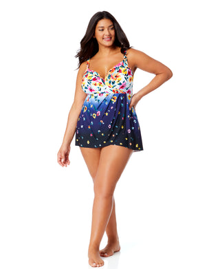 Women's Plus Gradient Floral Swim Dress With Skirted Bottom