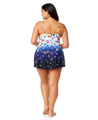 Women's Plus Gradient Floral Swim Dress With Skirted Bottom