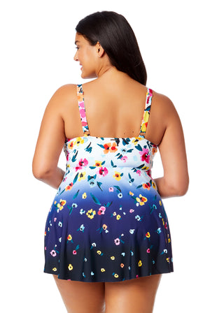 Women's Plus Gradient Floral Swim Dress With Skirted Bottom