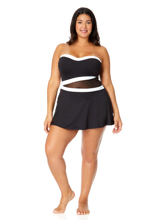 Women's Plus Mesh Around Paneled Strapless Mesh Swim Dress