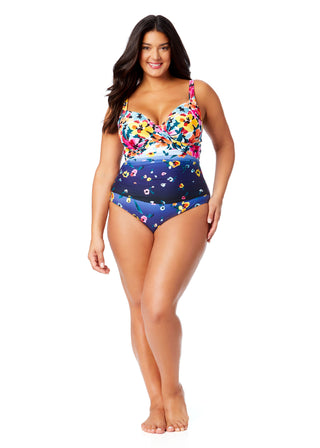 Women's Plus Gradient Floral Underwire Surplice One Piece Swimsuit