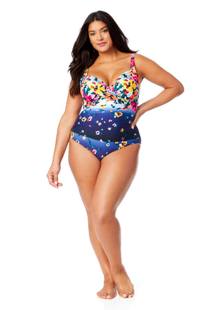 Women's Plus Gradient Floral Underwire Surplice One Piece Swimsuit