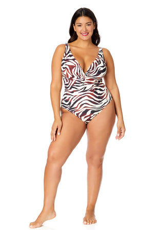 Women's Plus Tiger Dance Plunge Twist One Piece Swimsuit