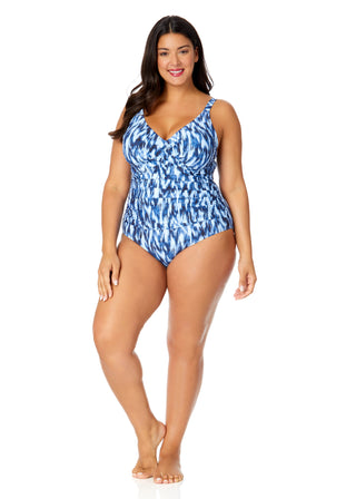 Women's Plus Tie Dye Ikat Hidden Underwire Drape Front One Piece Swimsuit