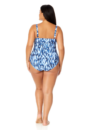 Women's Plus Tie Dye Ikat Hidden Underwire Drape Front One Piece Swimsuit