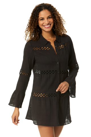 Women's Black Bell Sleeve Crochet Trim Cover Up