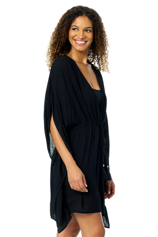 Women's Black V Neck Kimono With Drawstring Waist Detail Cover Up