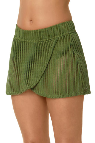 Women's Live In Color Textured Olive Drape Front Mid Rise Swim Skirt Bottom