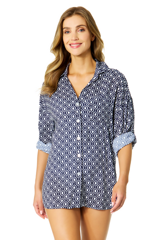 Women's Azzurra Geo Button Down Shirt Swimsuit Cover Up