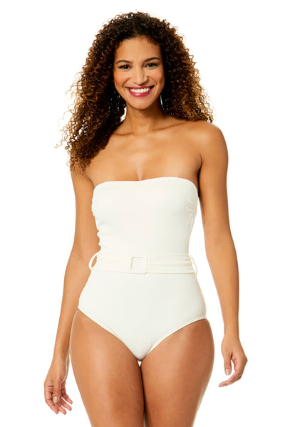 Anne Cole Peruvian Crepe Ecru Strapless Belted One Piece Swimsuit