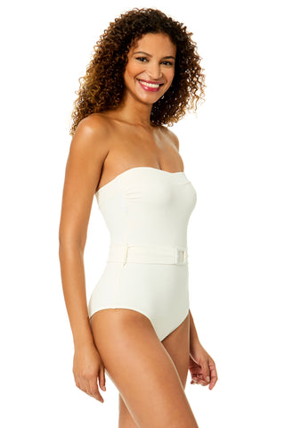 Women's Peruvian Crepe Light Ecru Strapless Belted One Piece Swimsuit
