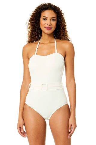Women's Peruvian Crepe Light Ecru Strapless Belted One Piece Swimsuit