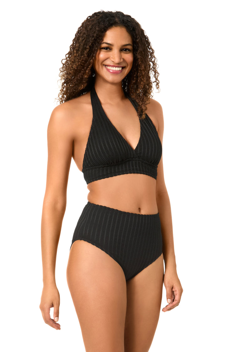 Women's Live In Color Textured Black Halter Bikini Top