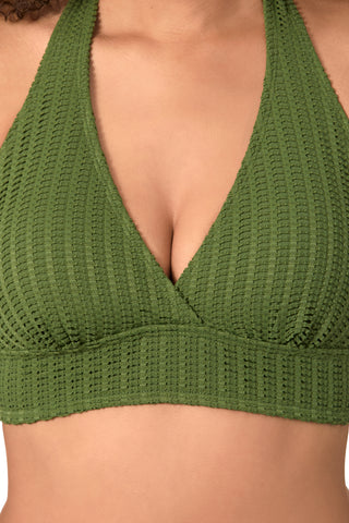 Women's Live In Color Textured Olive Halter Bikini Top
