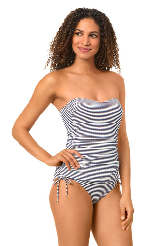 Women's Textured Marine Stripe Shirred Strapless Bandeau Tankini Swim Top