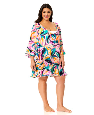 Women's Plus Mexican Riviera Flounce V Neck Tunic Swimsuit Cover Up