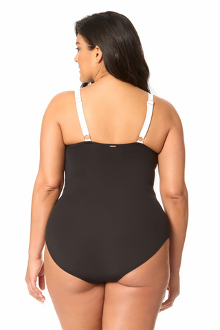 Anne Cole Women's Plus Size V-Neck Color Block Mesh Insert Swimsuit - Black Anne Cole Women's Plus Size V-Neck Color Block Mesh Insert Swimsuit - Black