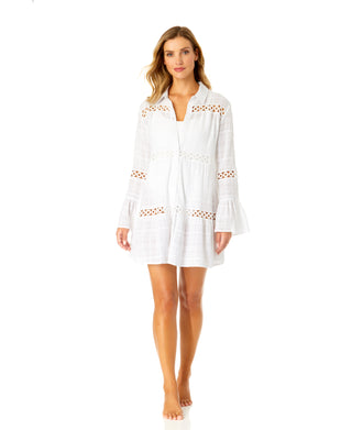Women's White Bell Sleeve Crochet Trim Cover Up