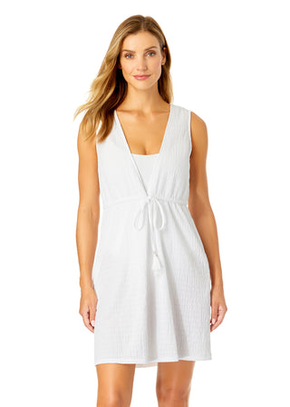 Women's V Neck Dress With Drawstring Waist Detail Cover Up