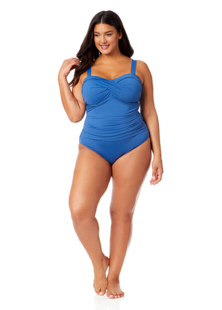 Women's Plus Live In Color Twist Front Shirred One Piece Swimsuit