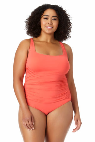 plus size red swim dress Anne Cole Plus Square Neck Bandeau One-Piece