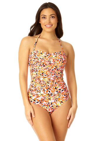 Anne Cole Meadow Bouquet Ditsy Floral Print Strapless Twist Front Bandeau  Ruched One Piece Swimsuit