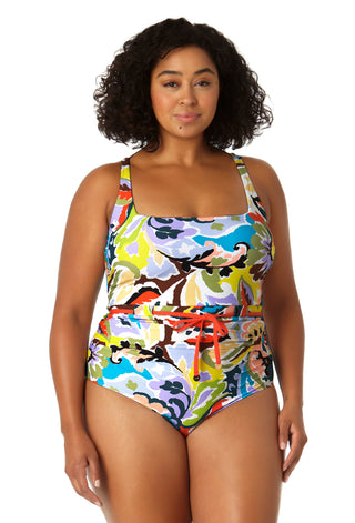 Plus Size Belted Square Neck One Piece Swimsuit - Anne Cole Plus