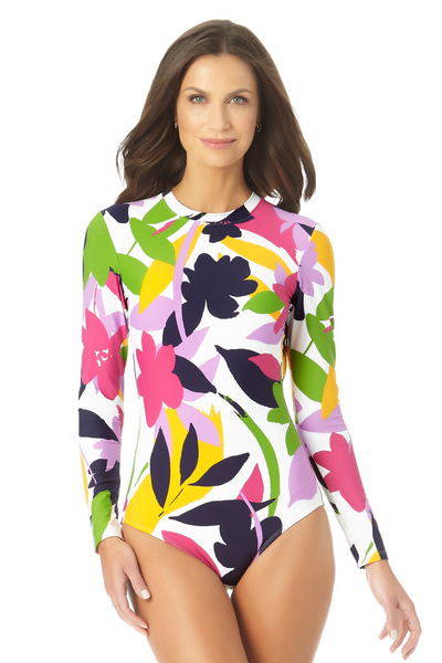 Women's Long Sleeve Open Back One Piece Rash Guard Swimsuit