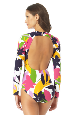 Anne Cole - Long Sleeve Open Back One Piece Rash Guard Swimsuit
