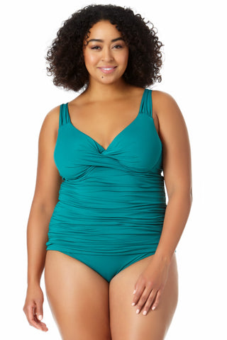 Swim 365 Women's Plus Size Split-Neck Short Sleeve Swim Tee With Built-In  Bra - 36, Electric Iris Hibiscus